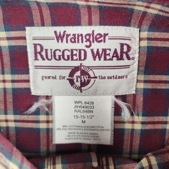 Vtg Wrangler Button Shirt Mens Medium Rugged Wear Brick Red Plaid Sawtooth Rodeo - Picture 10 of 11